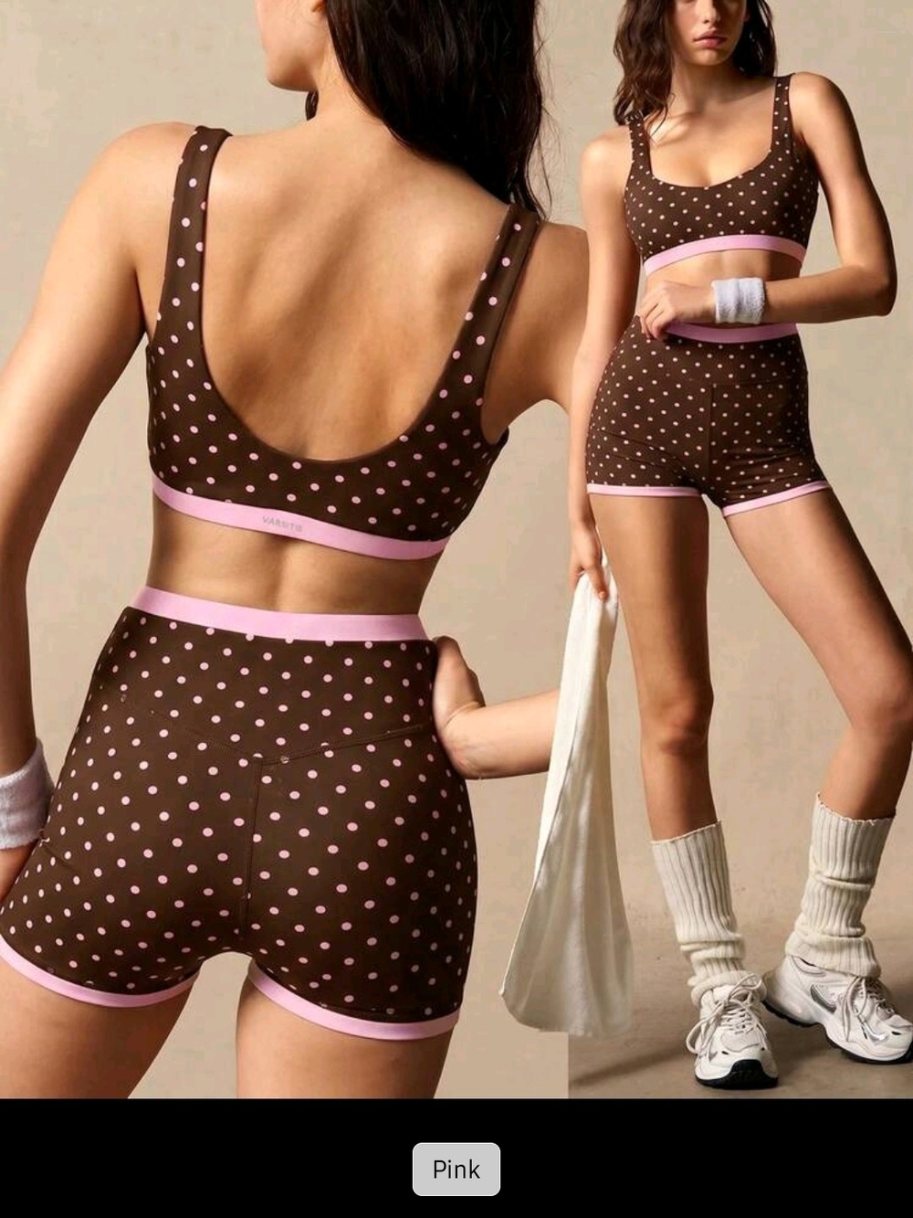 Brown Sports Bra & Shorts Set with Pink Polka Dots